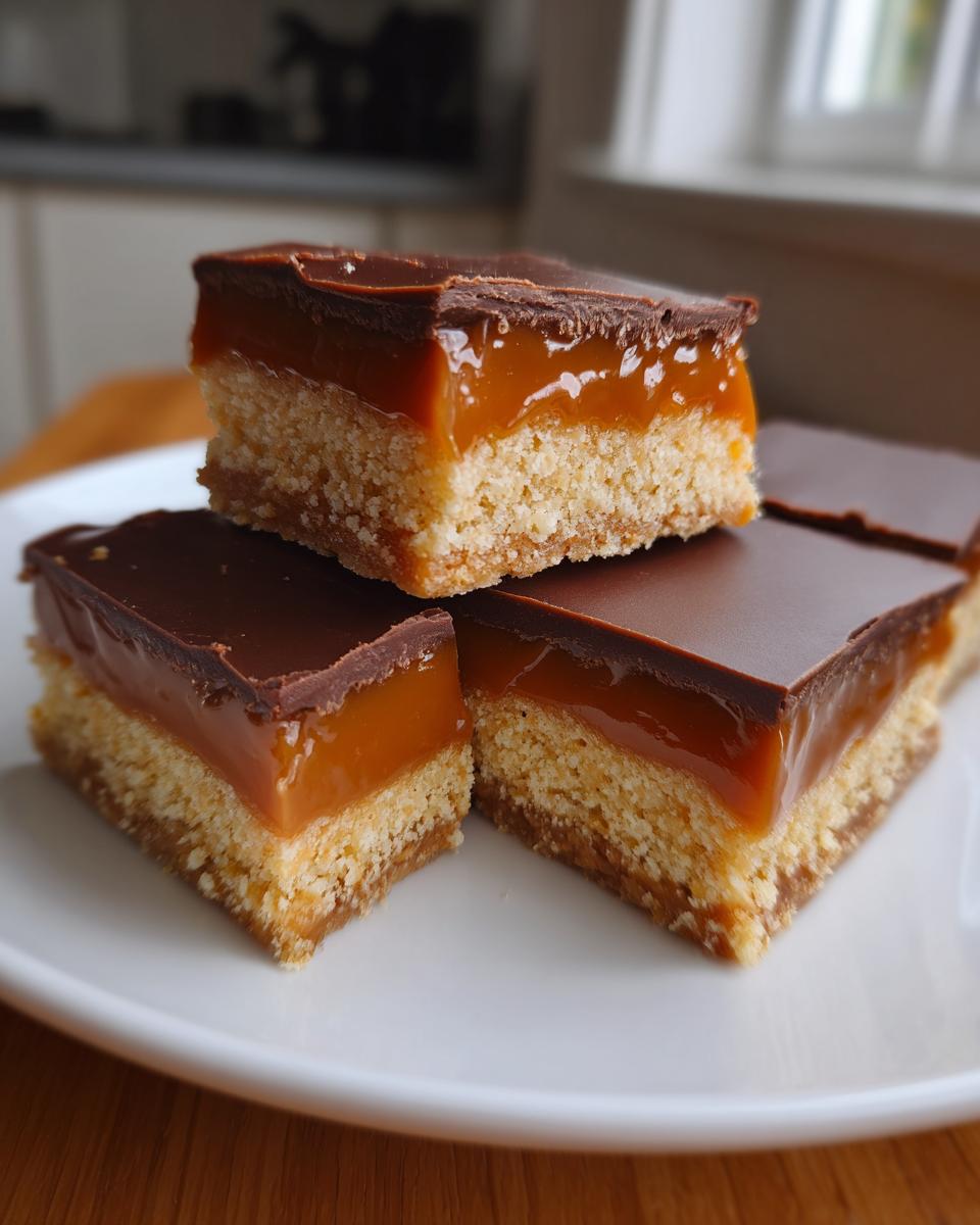 Three stacked, rich twix bars showing a shortbread base, thick caramel layer, and chocolate topping.
