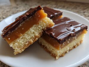 Three square homemade twix bars showing layers of shortbread, thick caramel, and chocolate topping on a white plate.
