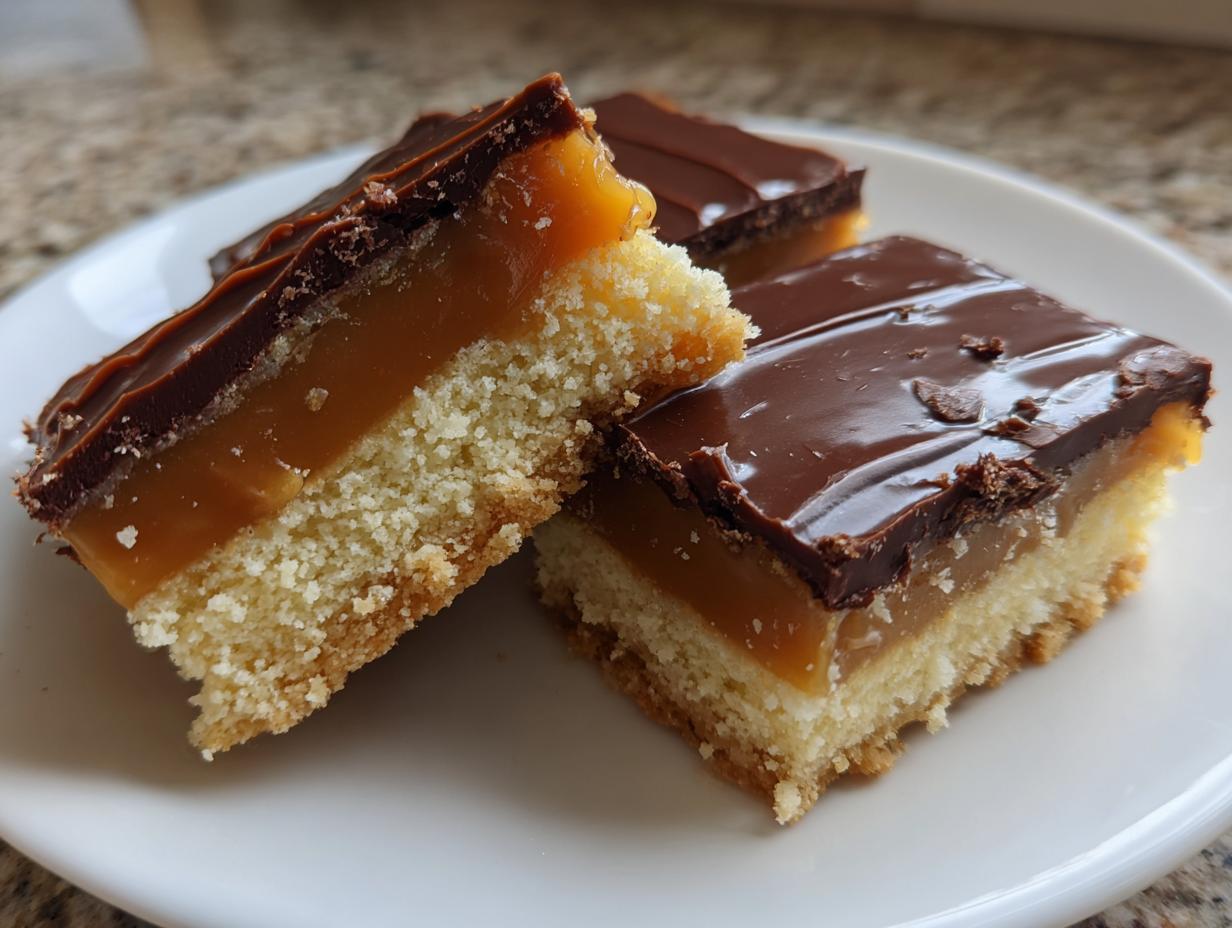 Three square homemade twix bars showing layers of shortbread, thick caramel, and chocolate topping on a white plate.