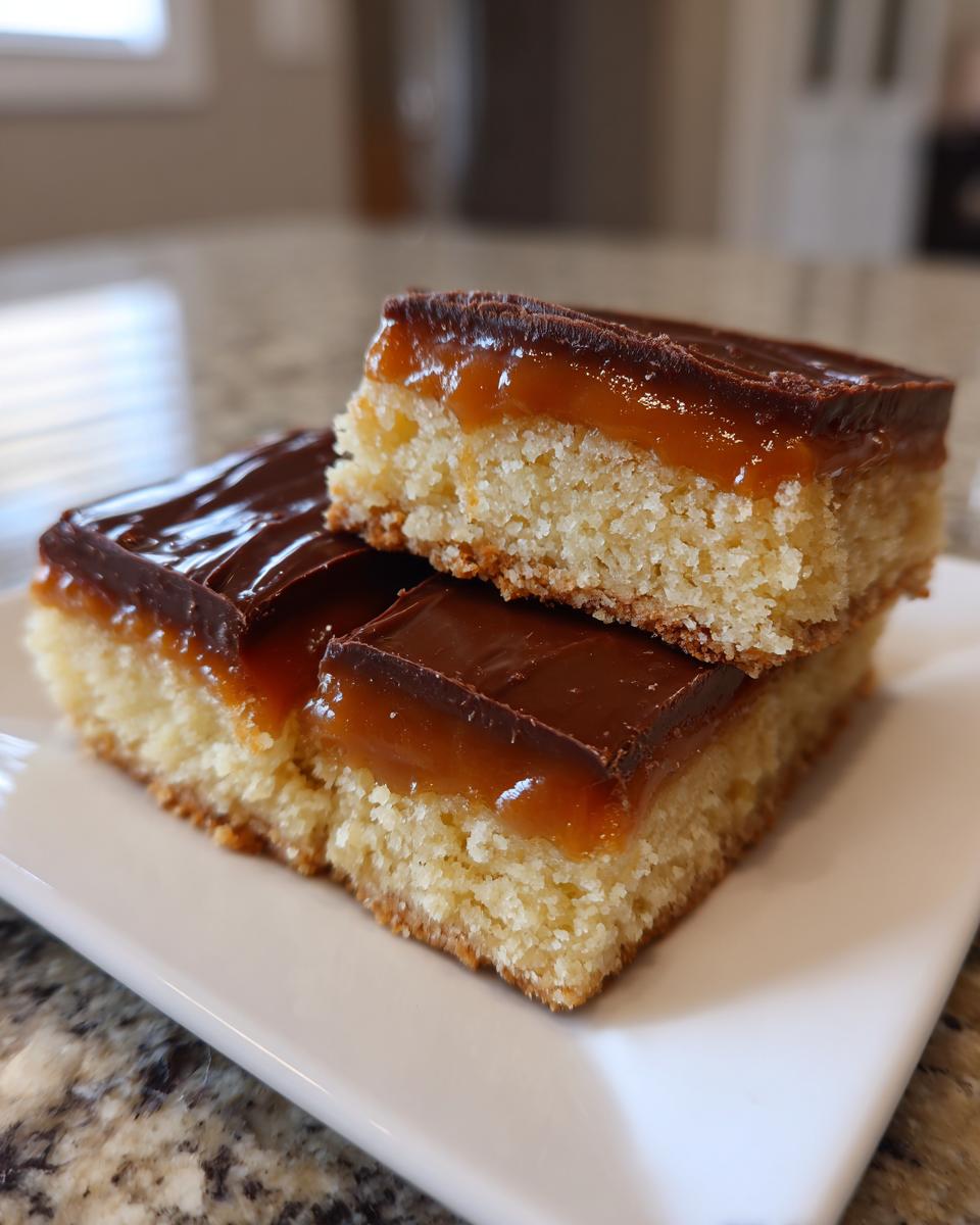 Three layered homemade twix bars stacked on a white plate, featuring a shortbread base, caramel, and chocolate topping.