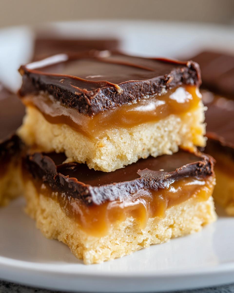 Close-up of stacked homemade twix bars showing a shortbread base, thick caramel center, and chocolate topping.