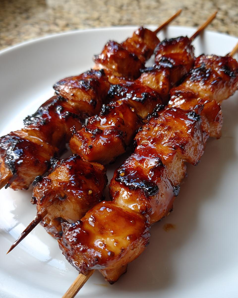 Three perfectly grilled honey garlic chicken skewers coated in a thick, shiny glaze resting on a white plate.