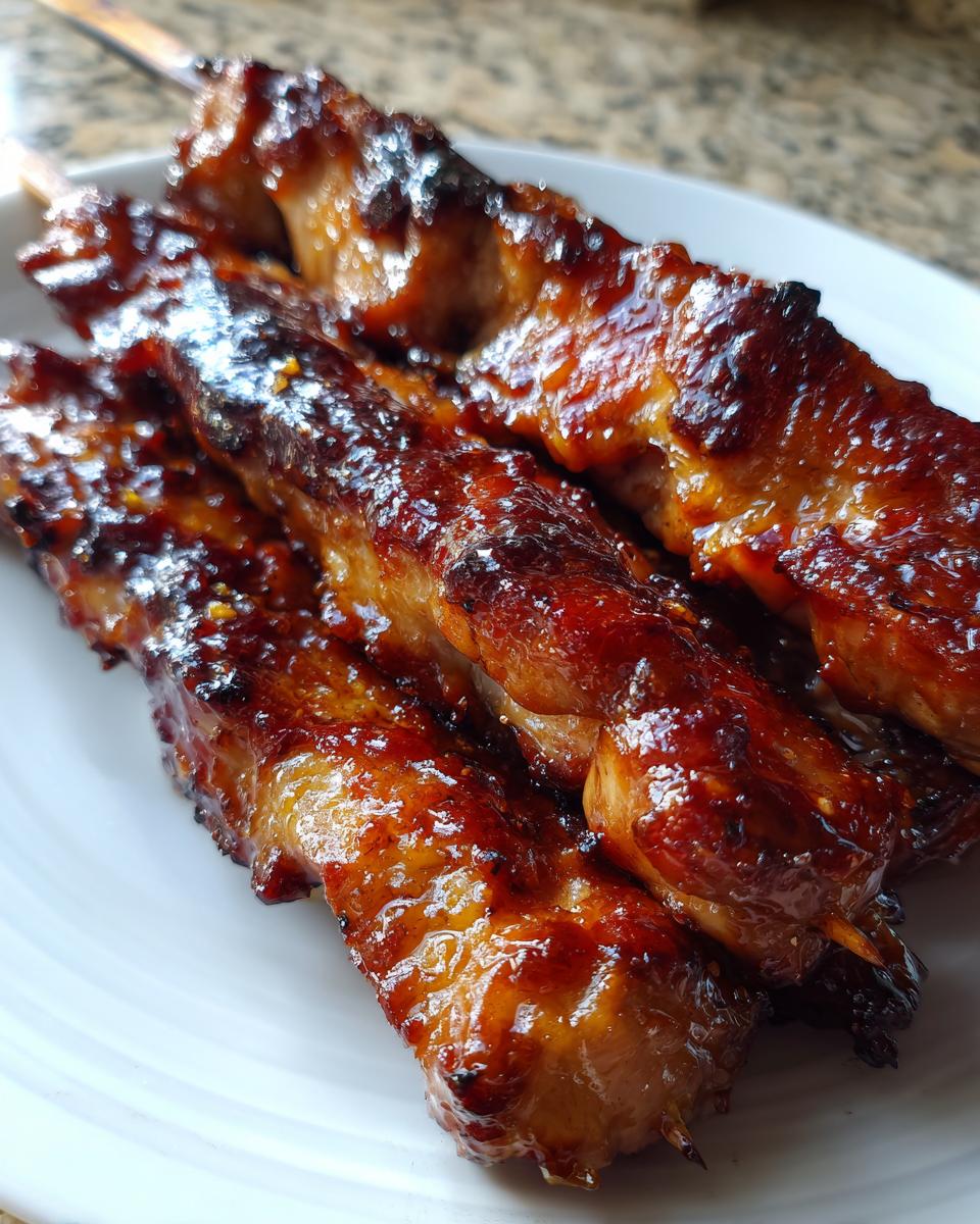 Close-up of three perfectly grilled, glistening honey garlic chicken skewers resting on a white plate.