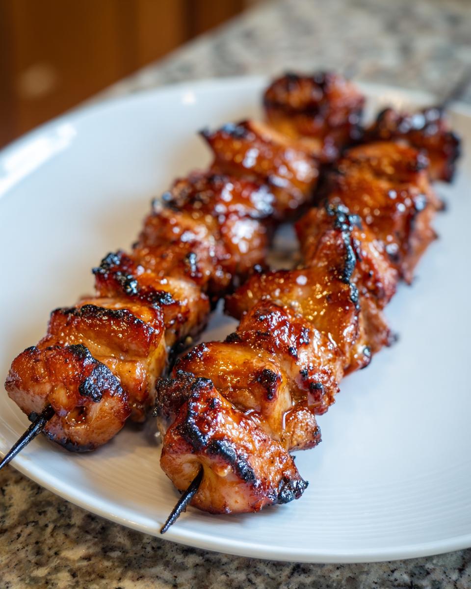Close-up of two skewers loaded with juicy, glazed honey garlic chicken skewers, slightly charred.