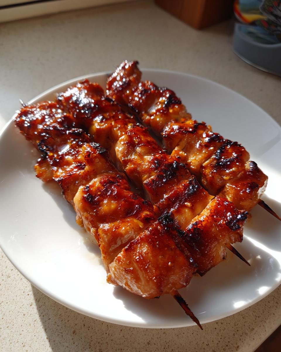 Three glistening, caramelized honey garlic chicken skewers resting on a bright white plate under natural light.