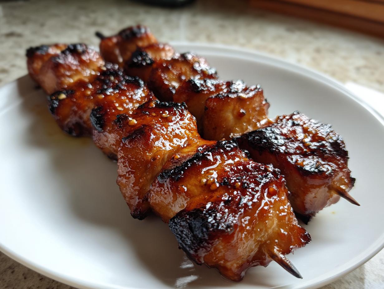 Close-up of perfectly grilled honey garlic chicken skewers with a sticky, caramelized glaze served on a white plate.