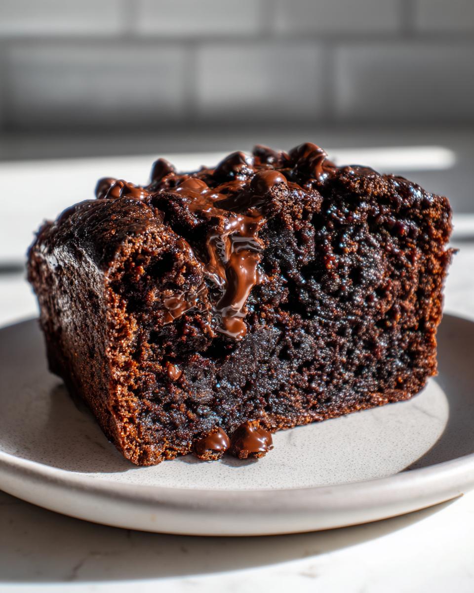 Close-up of a rich, dark slice of hot fudge brownie bread topped with melted chocolate fudge.