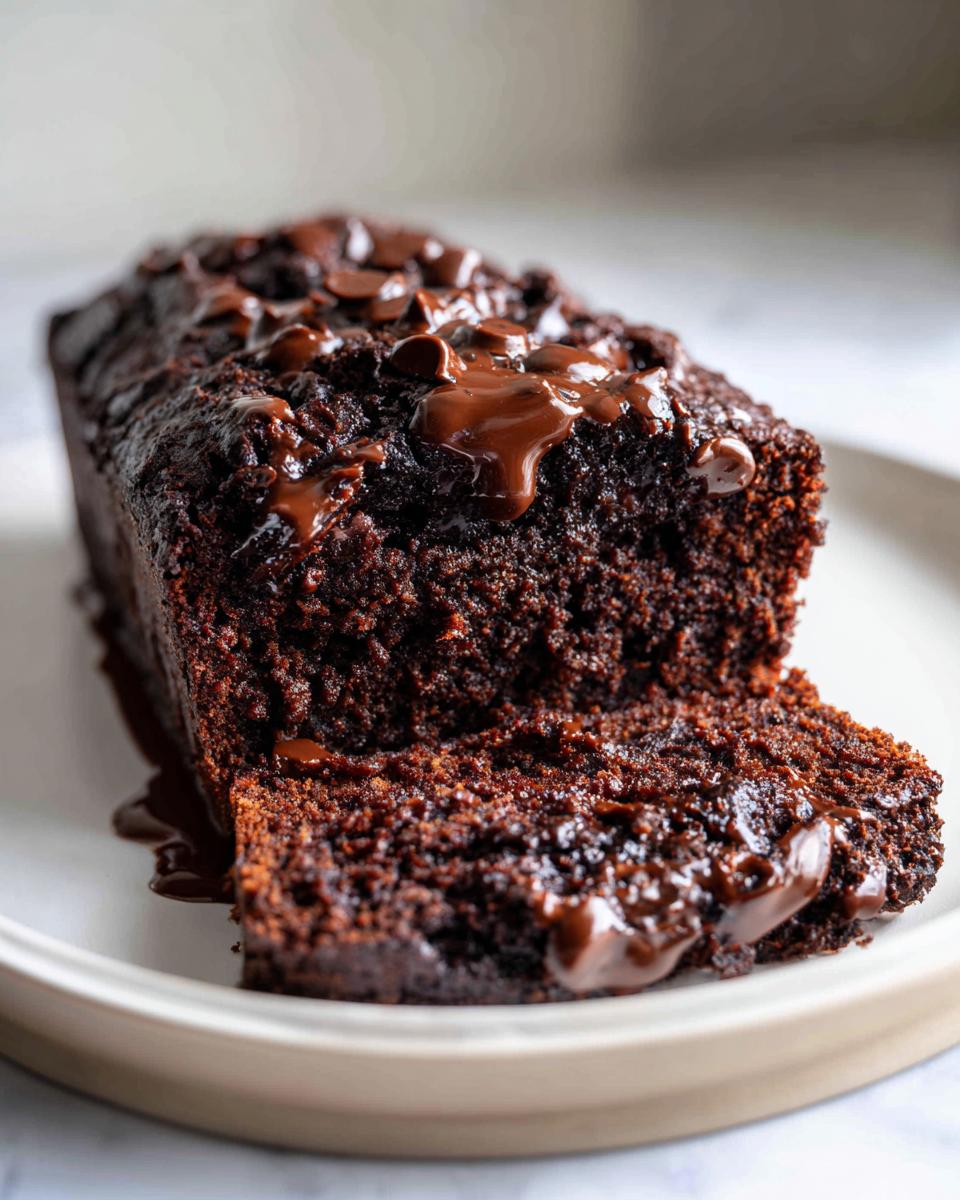 A rich, moist slice of hot fudge brownie bread topped with melted chocolate chips and fudge sauce.
