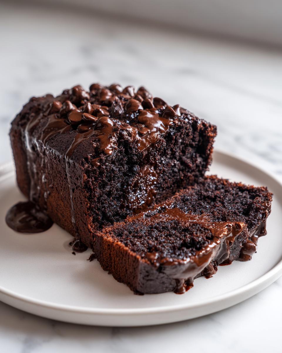 A rich slice of hot fudge brownie bread covered in melted chocolate sauce and chocolate chips.