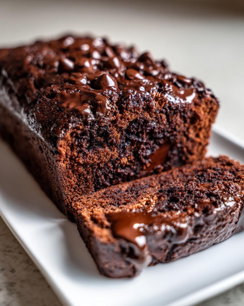 Close-up of a sliced hot fudge brownie bread loaf topped with melted chocolate chips and rich fudge sauce.