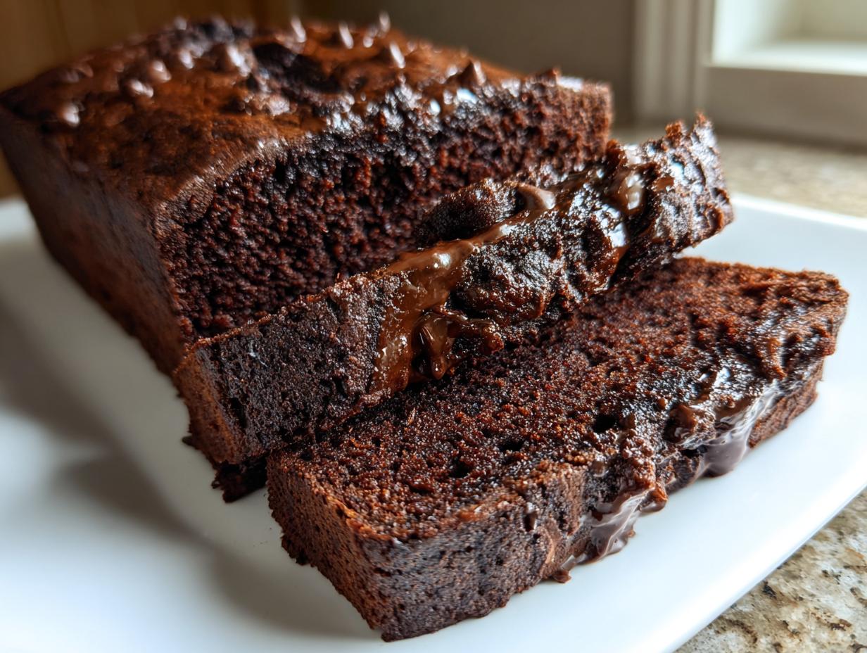 Close-up of a loaf of rich, dark hot fudge brownie bread, with two slices cut and drizzled with melted chocolate.