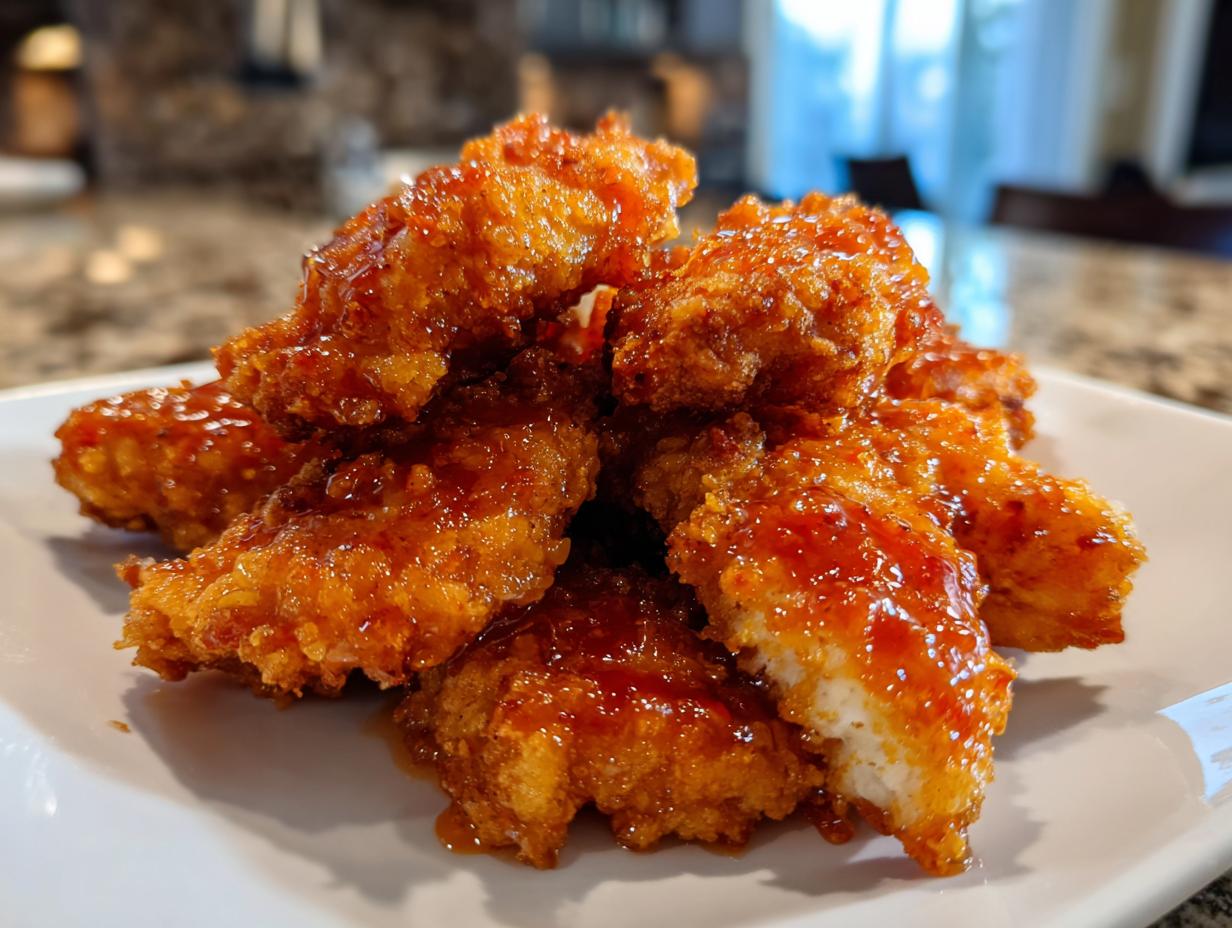 A close-up of crispy, golden hot honey chicken tenders piled high on a white plate, glistening with sweet and spicy glaze.
