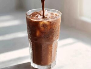 A stream of rich chocolate milk is being poured over ice cubes in a tall, sweating glass of iced chocolate milk.
