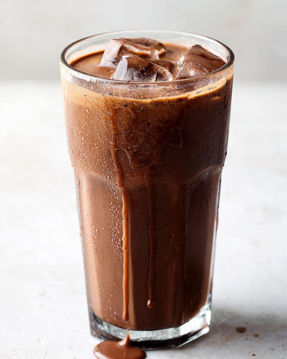 A tall, sweating glass filled with rich, iced chocolate milk, showing drips running down the side.