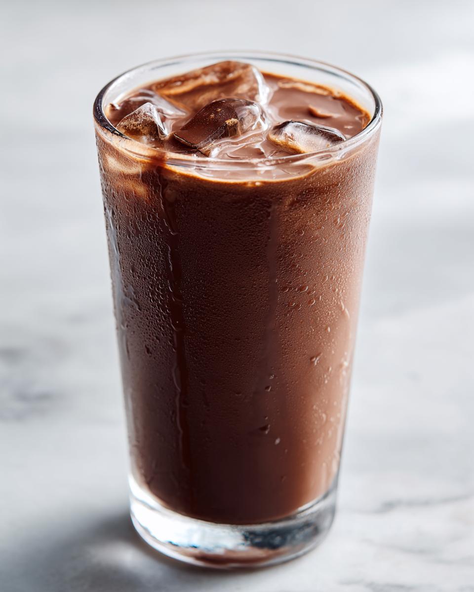 Close-up of tall glass filled with cold, rich chocolate milk and ice cubes, showing condensation.
