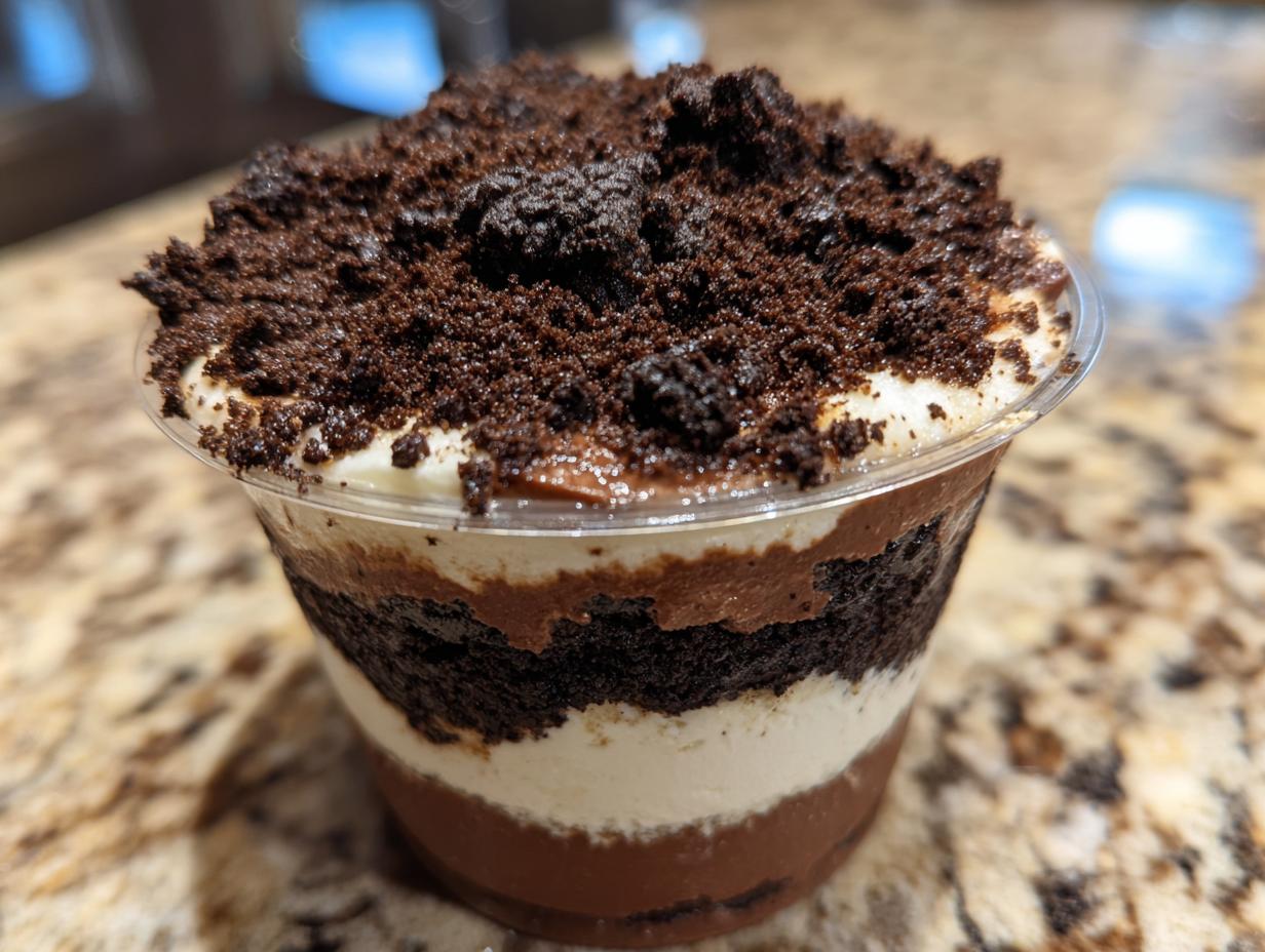 Close-up of a single-serving dirt cake layered in a clear plastic cup, topped with crushed chocolate cookies.