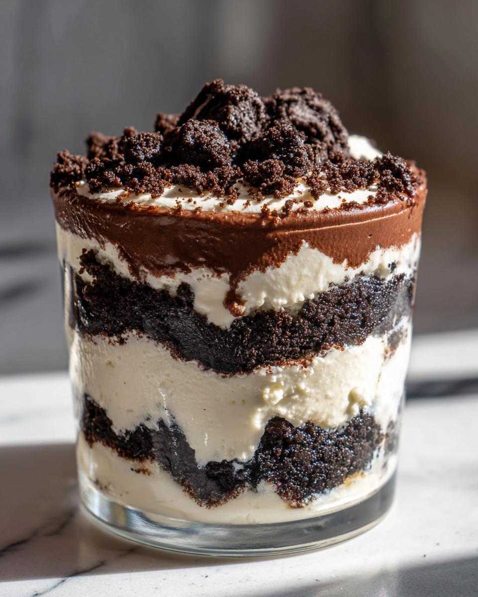 Close-up of a layered dirt cake dessert served in a glass, showing alternating layers of cream and chocolate cookie crumbs.