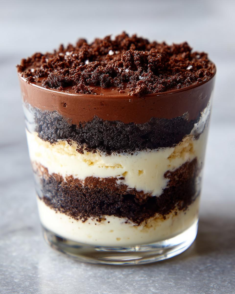 Close-up of a single-serving dirt cake layered with chocolate pudding, cream filling, and crushed chocolate cookies.