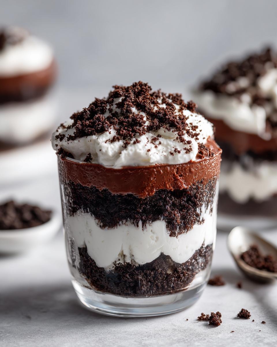 Close-up of a single-serving dirt cake layered with chocolate pudding, cream, and crushed cookies in a clear glass.