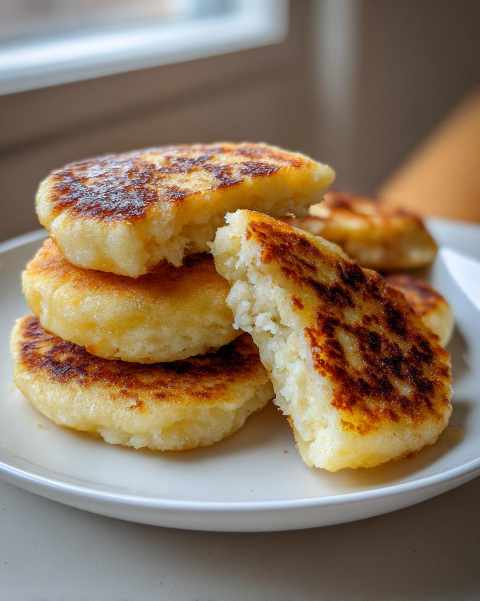 A stack of freshly cooked, golden brown Irish potato farls, with one broken open showing the fluffy interior.