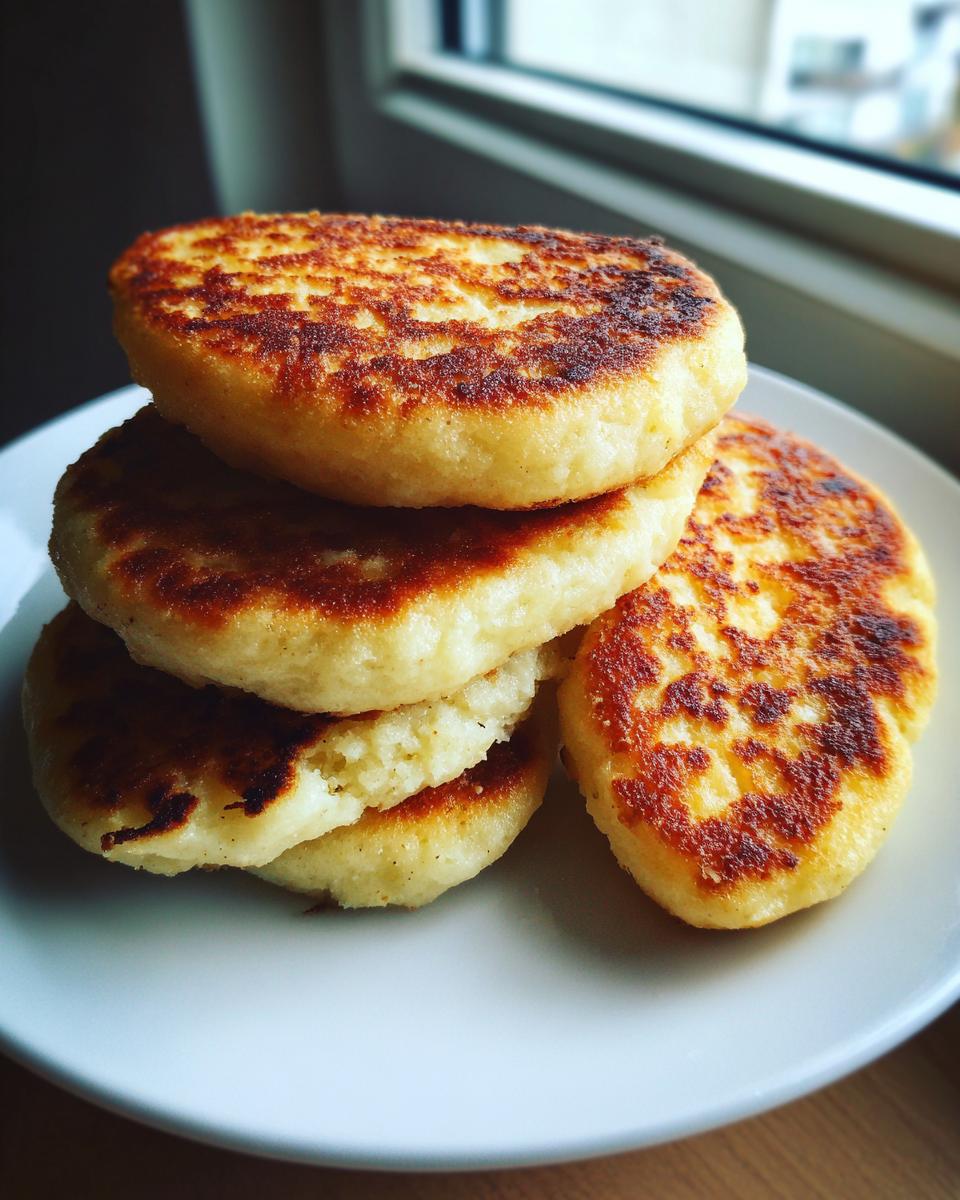 A stack of four perfectly pan-fried Irish potato farls with golden-brown crusts resting on a white plate.
