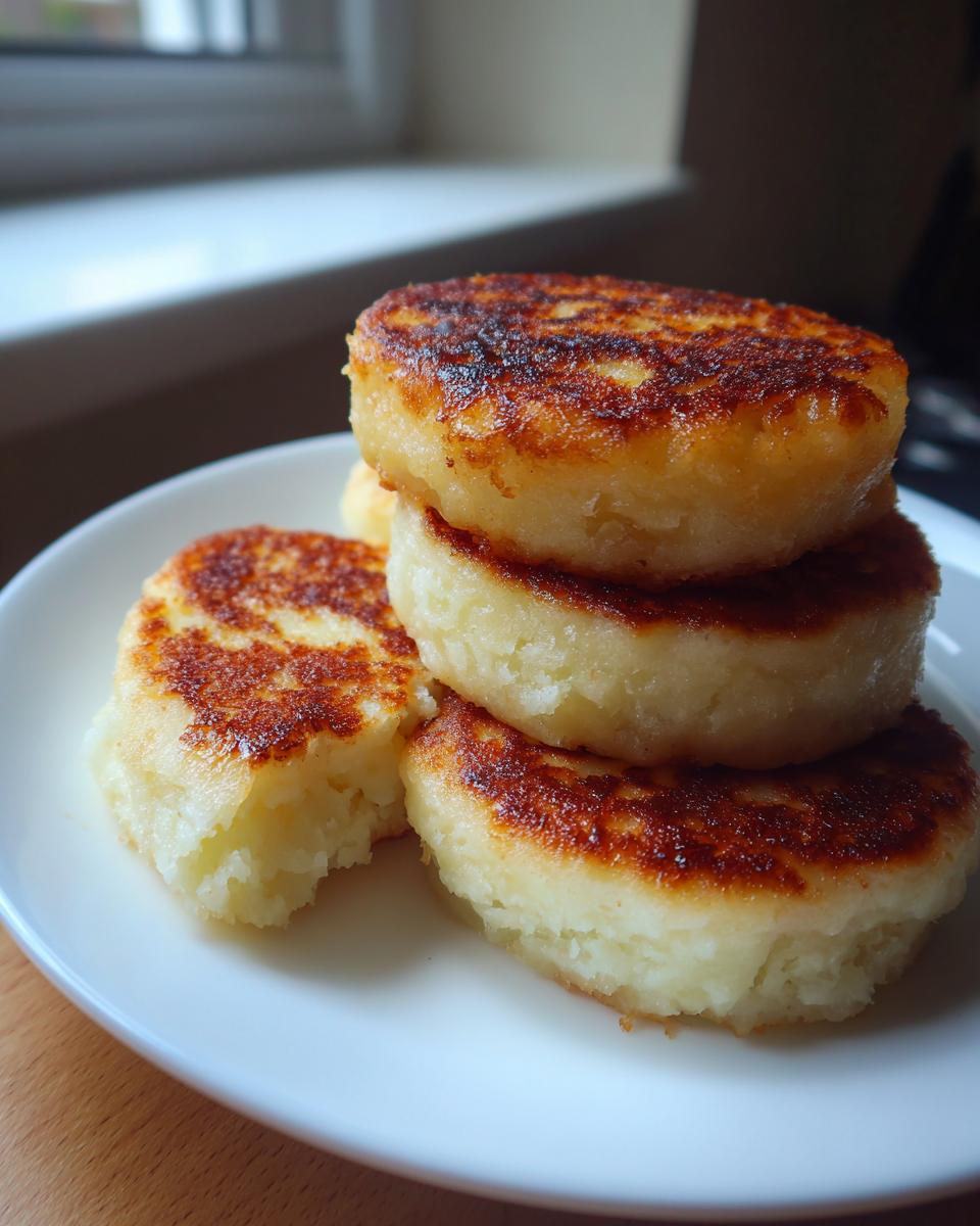 A stack of four freshly cooked, golden brown Irish potato farls served on a white plate.