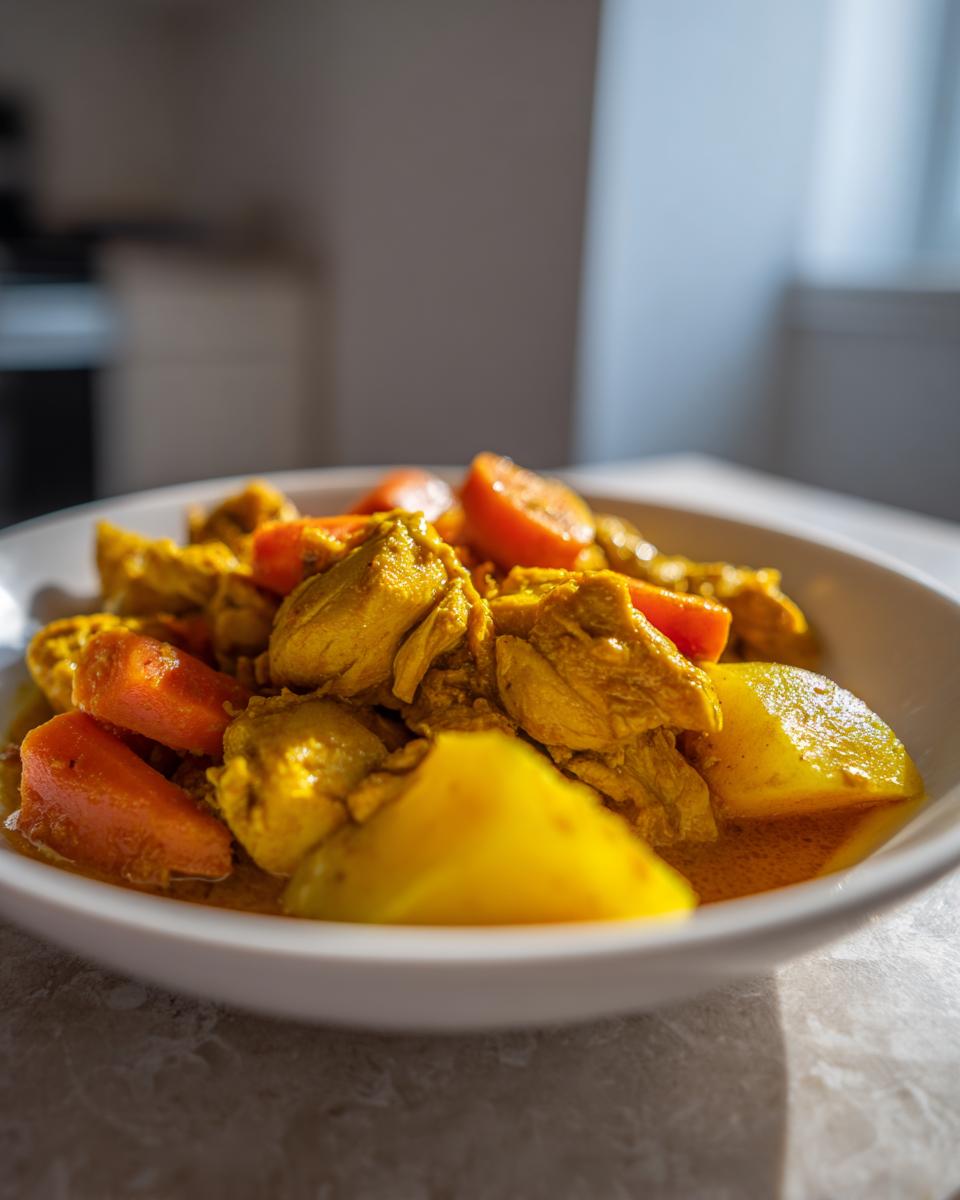 Close-up of a white bowl filled with vibrant Jamaican curry chicken pieces, potatoes, and carrots in a rich yellow sauce.