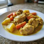 Close-up of tender pieces of Jamaican curry chicken served with chunks of potato and carrot in a rich yellow sauce.