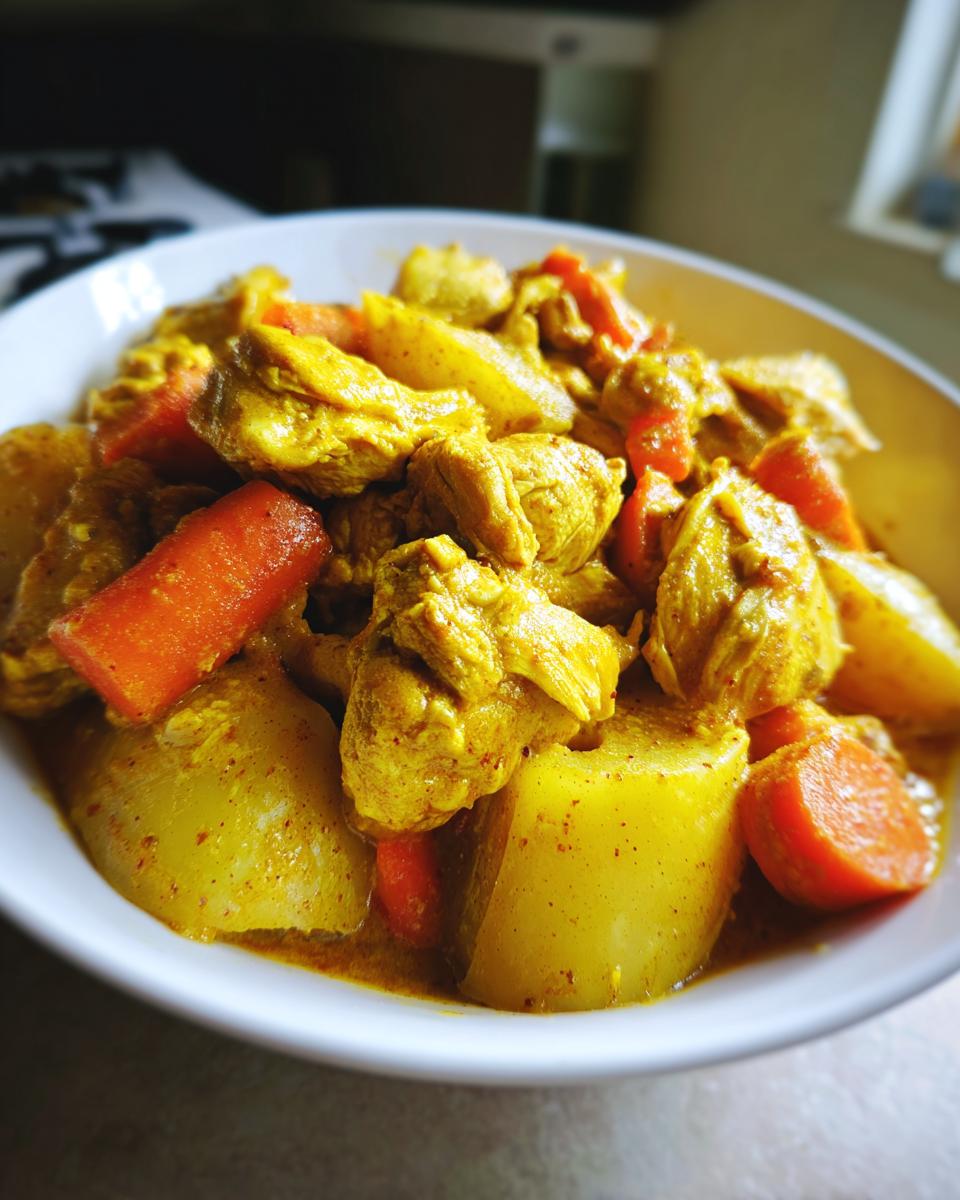 Close-up of Jamaican curry chicken pieces mixed with large chunks of potato and bright orange carrots in a yellow curry sauce.