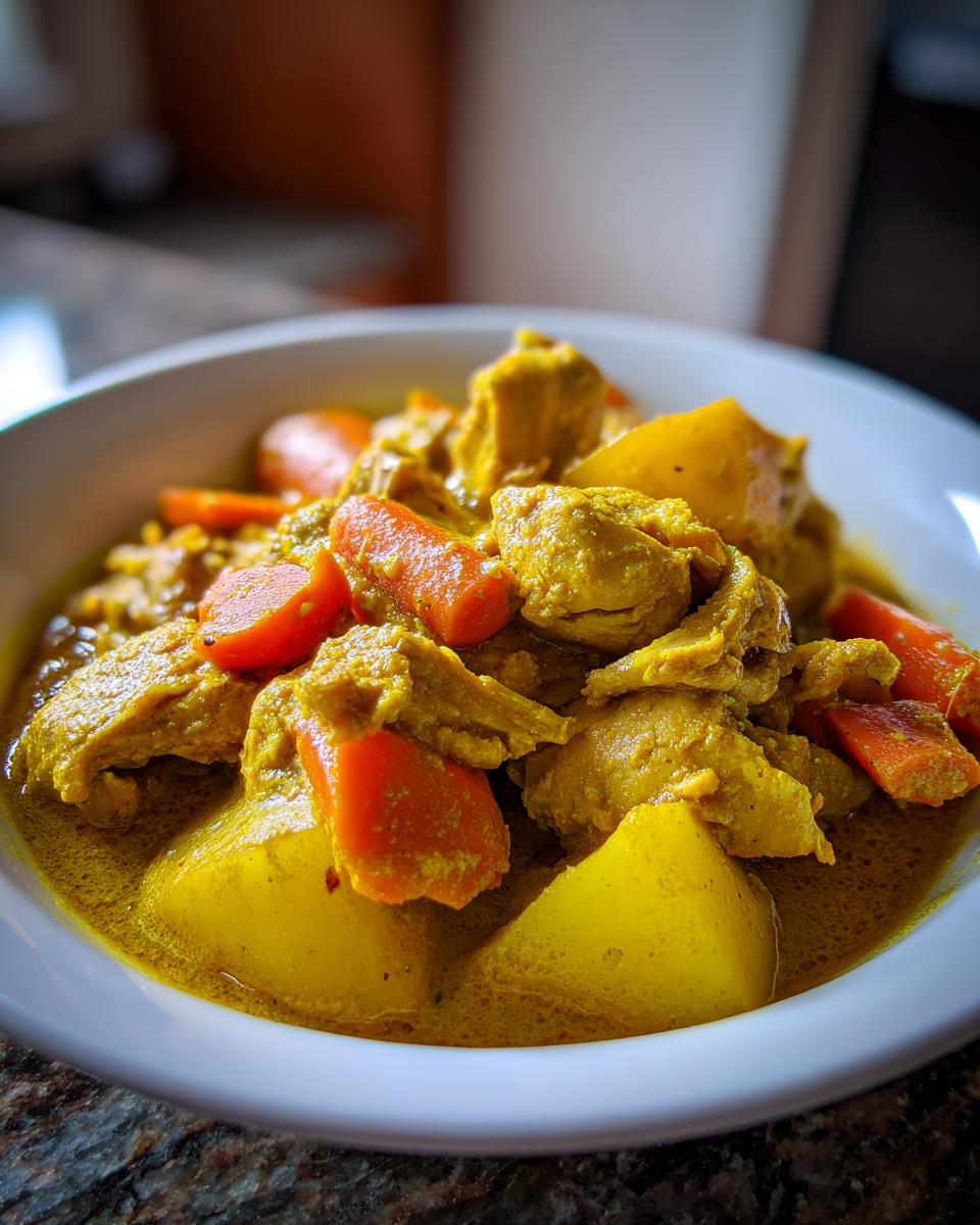 Close-up of Jamaican curry chicken stewed with large chunks of potato and bright orange carrots in a rich yellow sauce.