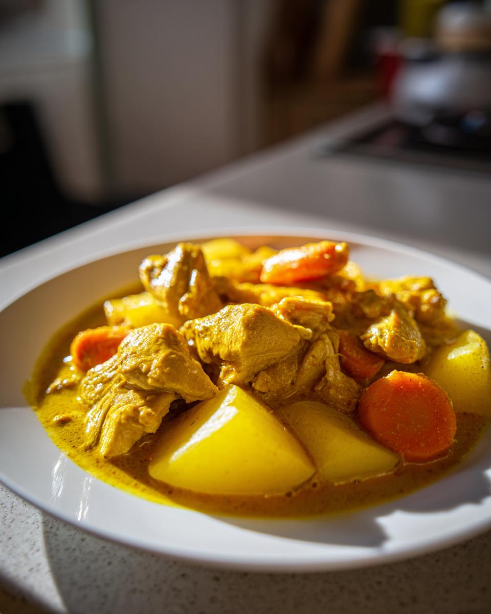 Close-up of bright yellow Jamaican curry chicken pieces with large potato chunks and sliced carrots in a white bowl.