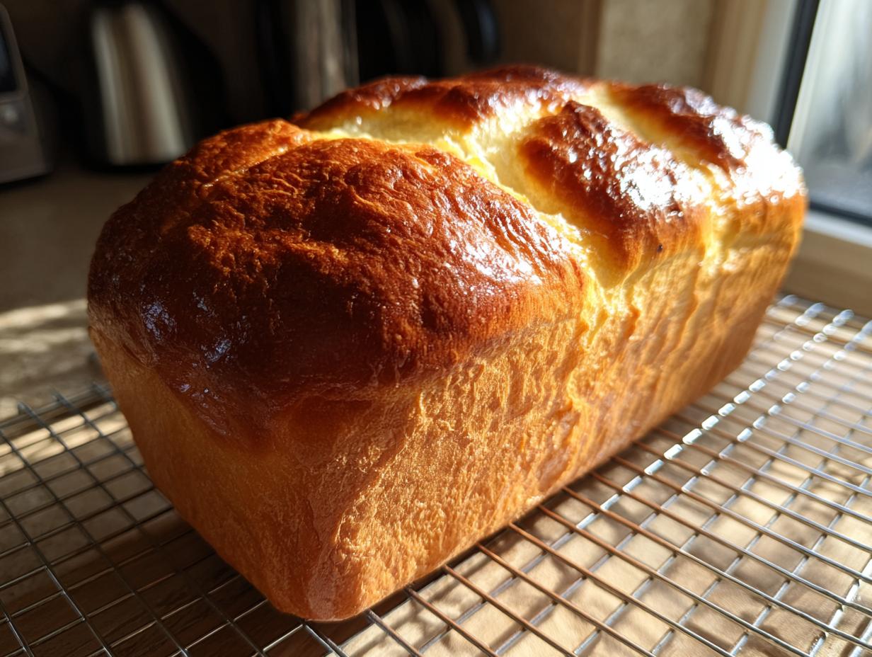 A golden brown, glossy loaf of freshly baked japanese milk bread cooling on a wire rack.