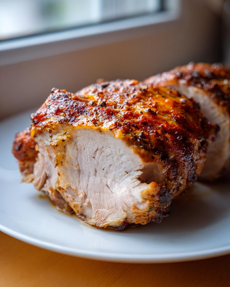 Close-up of a perfectly cooked baked chicken breast, showing the juicy white interior and seasoned, browned crust.