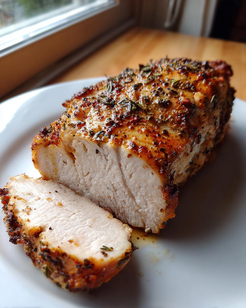 Cross-section of a perfectly cooked baked chicken breast showing moist white meat and a seasoned, herby crust.