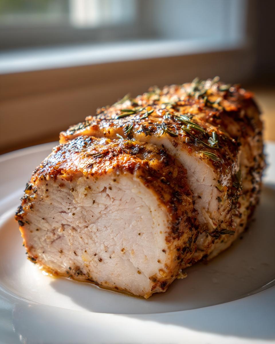 Close-up of a perfectly cooked, sliced baked chicken breast seasoned with herbs.