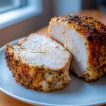 Close-up of a perfectly cooked baked chicken breast, sliced to show the moist white interior and seasoned, golden-brown crust.