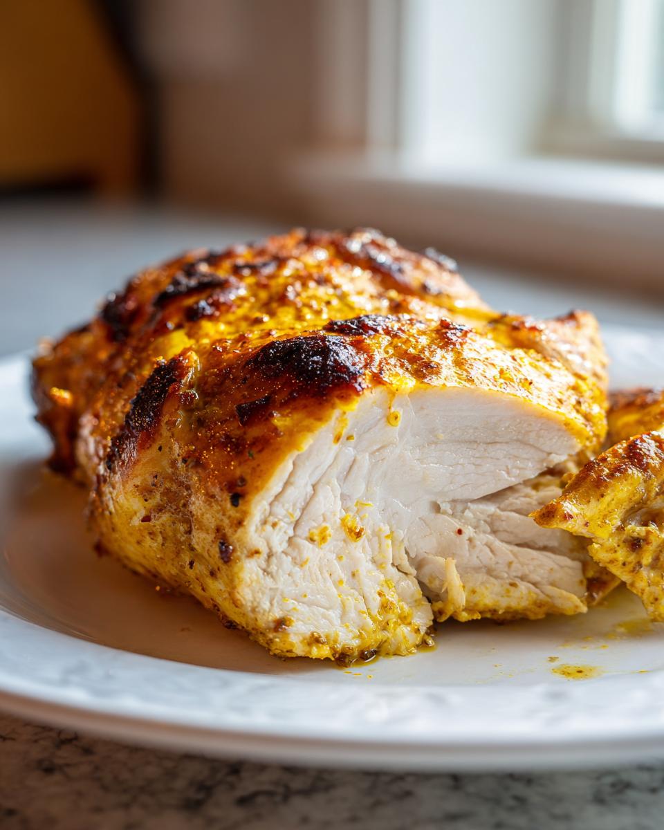Close-up of a perfectly baked greek chicken breast, sliced to show moist white meat and golden, seasoned crust.