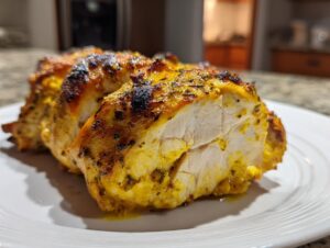 Close-up of perfectly cooked, juicy greek chicken breast sliced to show tender white meat and golden, seasoned exterior.
