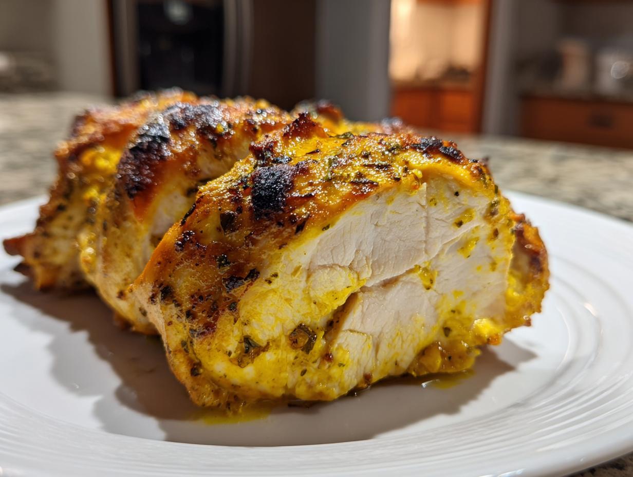 Close-up of perfectly cooked, juicy greek chicken breast sliced to show tender white meat and golden, seasoned exterior.