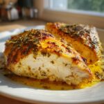 Close-up of juicy greek chicken breast, cut in half, showing moist white meat and herb crust.