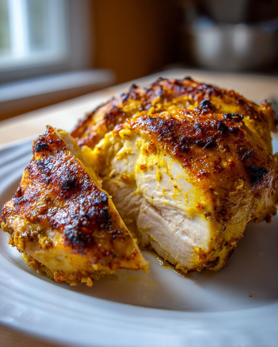 Close-up of a juicy greek chicken breast, perfectly roasted with a golden, spiced crust, sliced open to show tender white meat.