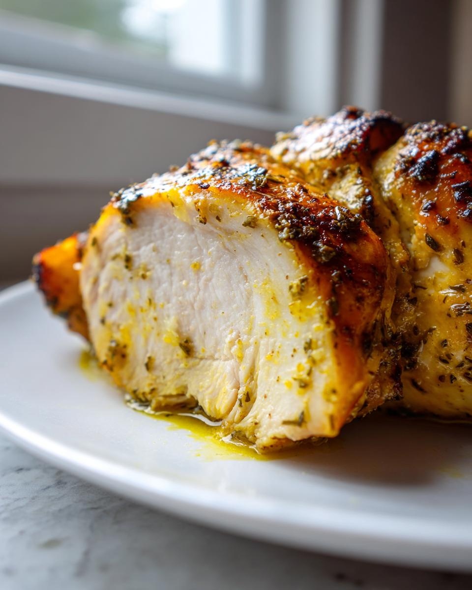 Close-up of a perfectly baked, juicy greek chicken breast cut open, showing moist white meat and herb crust.