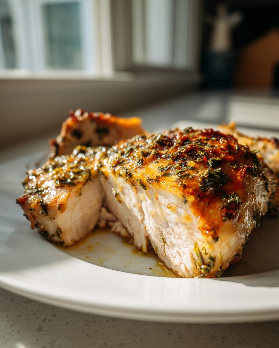 Close-up of a juicy, sliced greek chicken breast showing the moist interior and herb-crusted exterior.