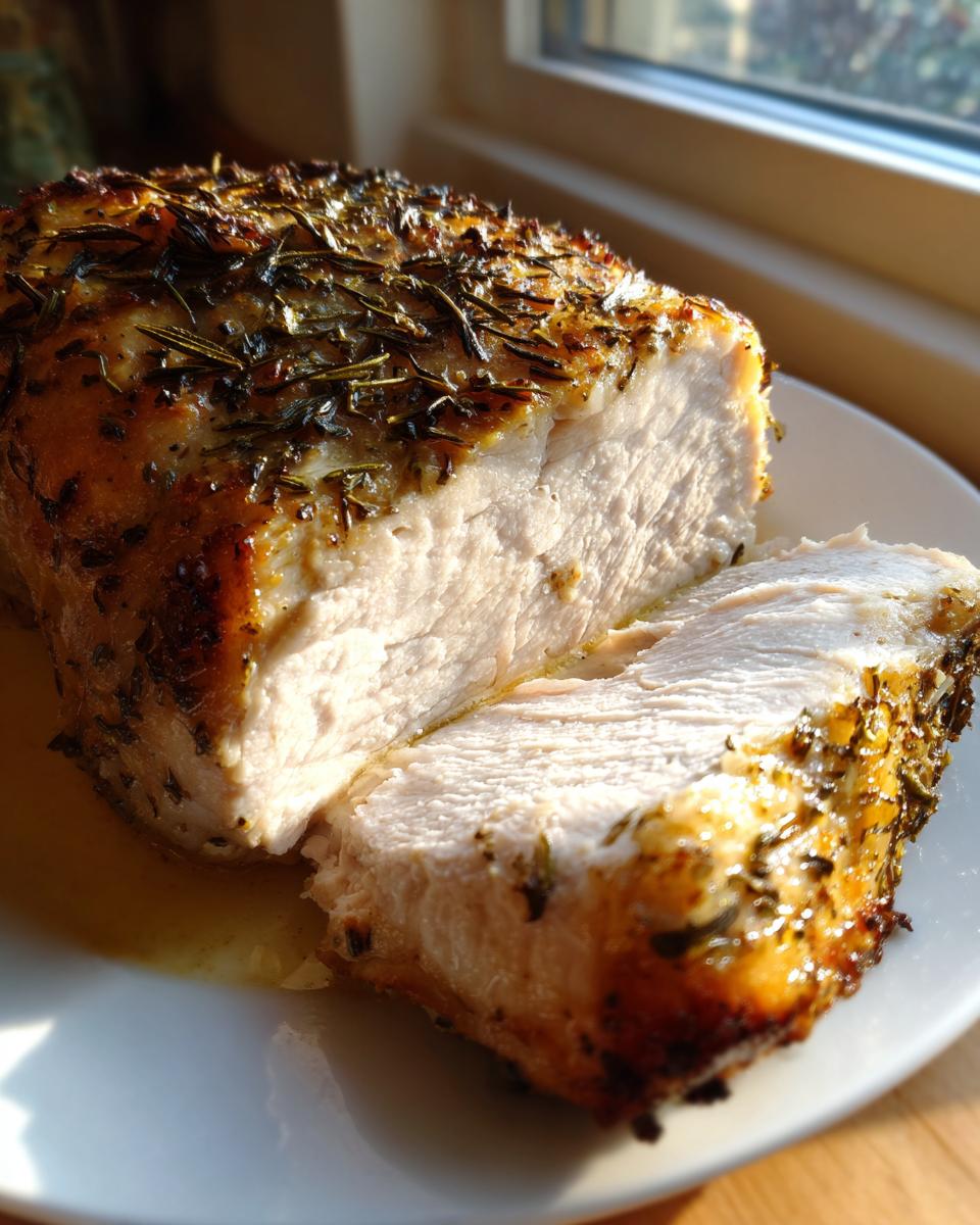 Close-up of a sliced, juicy turkey roast showing white meat and a golden, herb-crusted exterior.