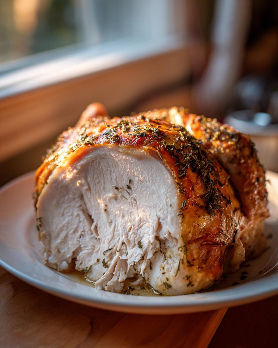 Close-up of a perfectly cooked, juicy turkey breast with golden, herb-crusted skin, showing moist white meat.