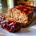 Close-up of a juicy meatloaf loaf, with one slice cut, covered in a thick, shiny tomato glaze.