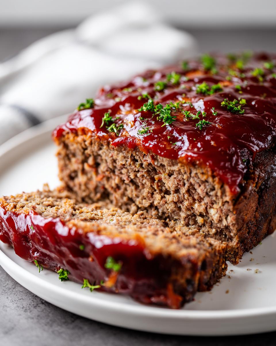 Close-up of a juicy meatloaf, sliced to show the texture, topped with a thick, glossy red glaze and fresh parsley.