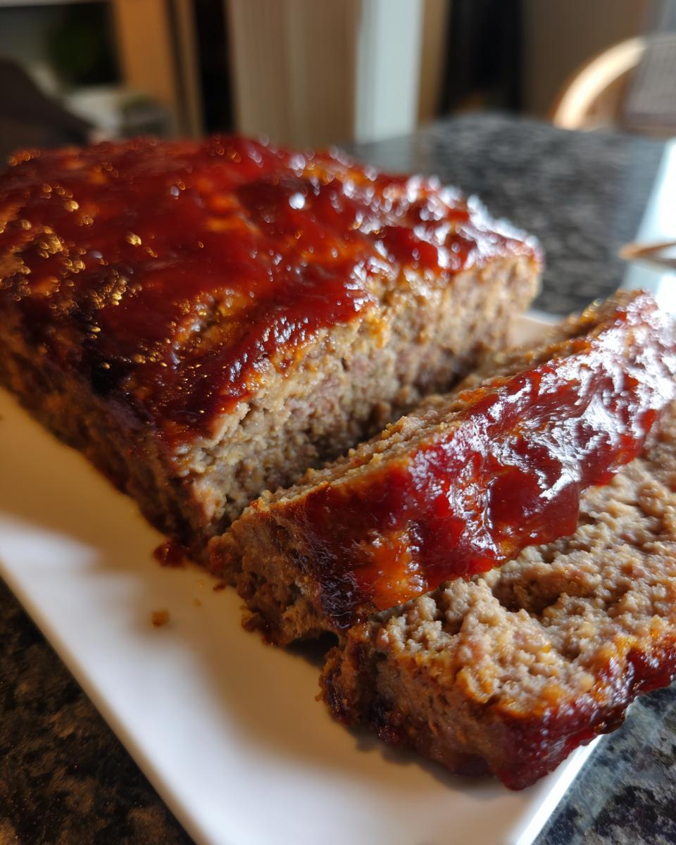 Close-up of a freshly baked, sliced meatloaf topped with a thick, glossy red glaze.