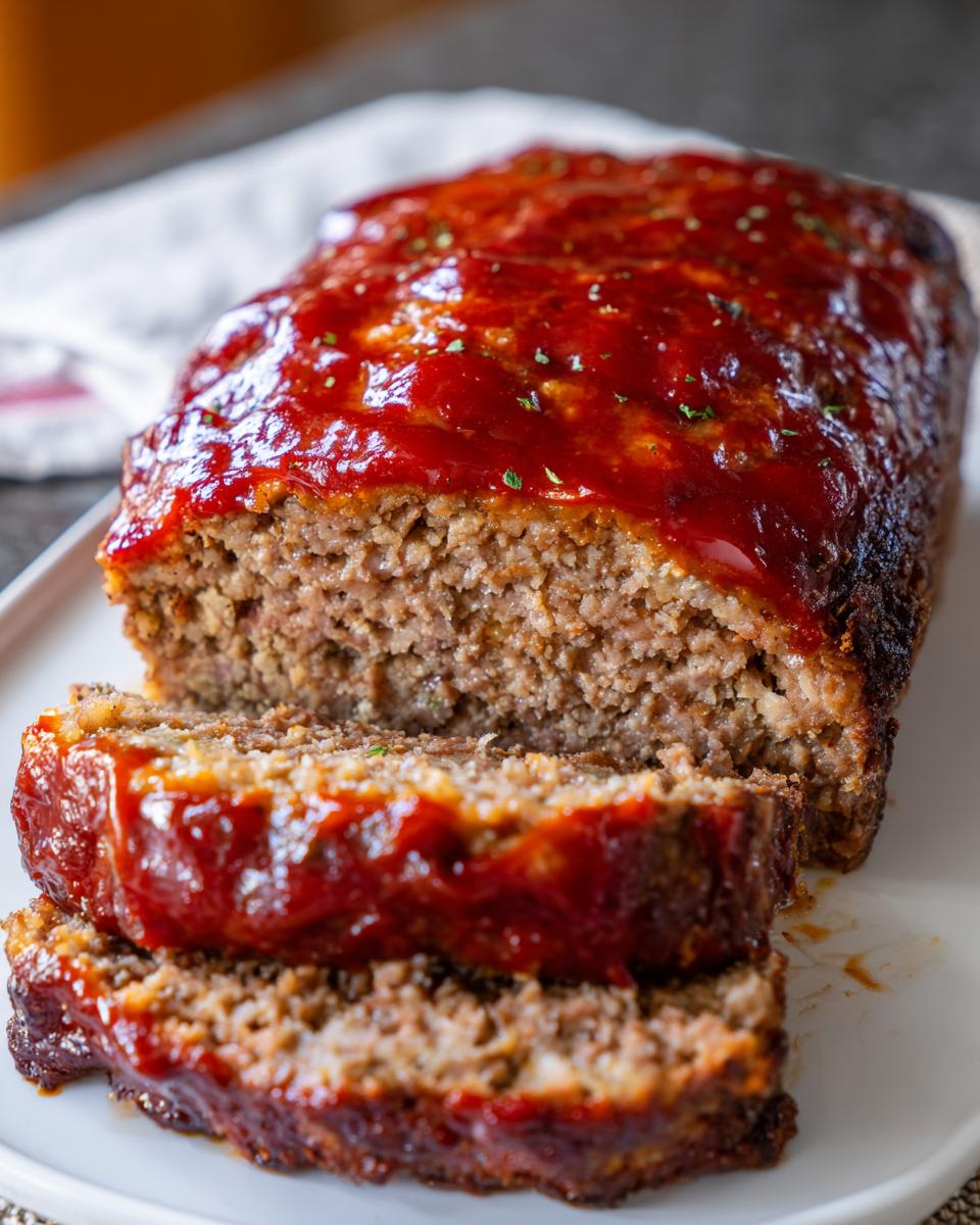 Close-up of a freshly baked meatloaf, sliced, showing the moist interior and thick, shiny ketchup glaze.