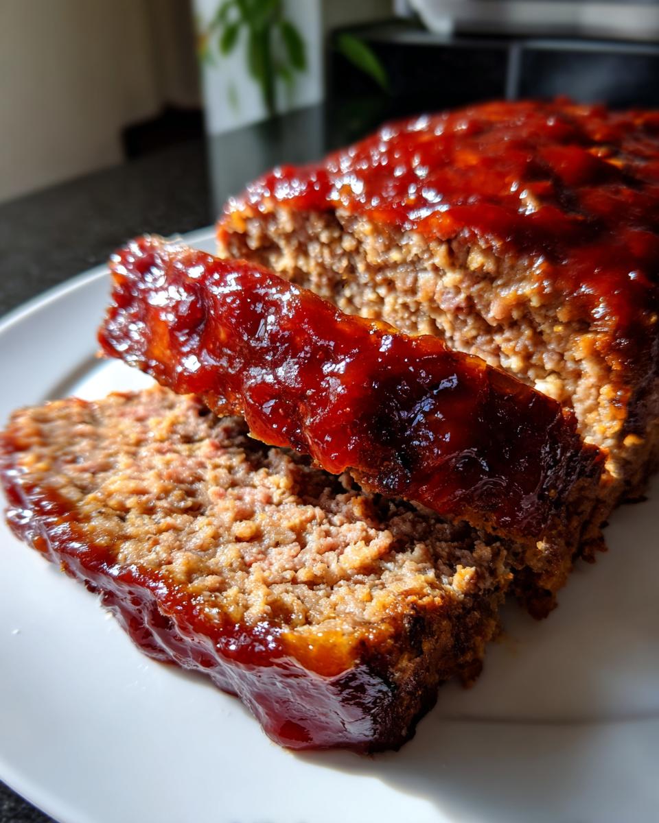 Close-up of two thick slices of juicy meatloaf covered in a thick, shiny red glaze, served on a white plate.